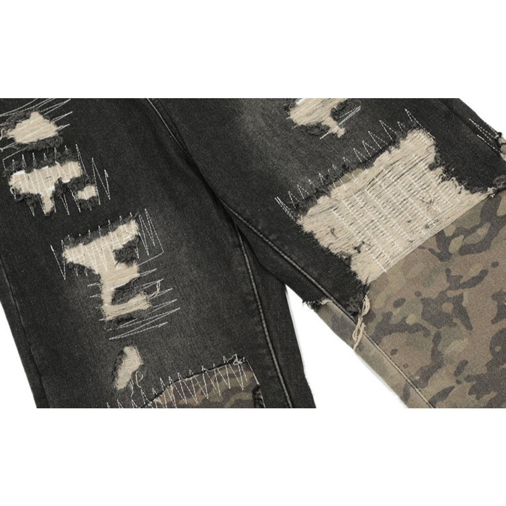 Camo Patch Sutures Distressed Jeans - APEX MADE