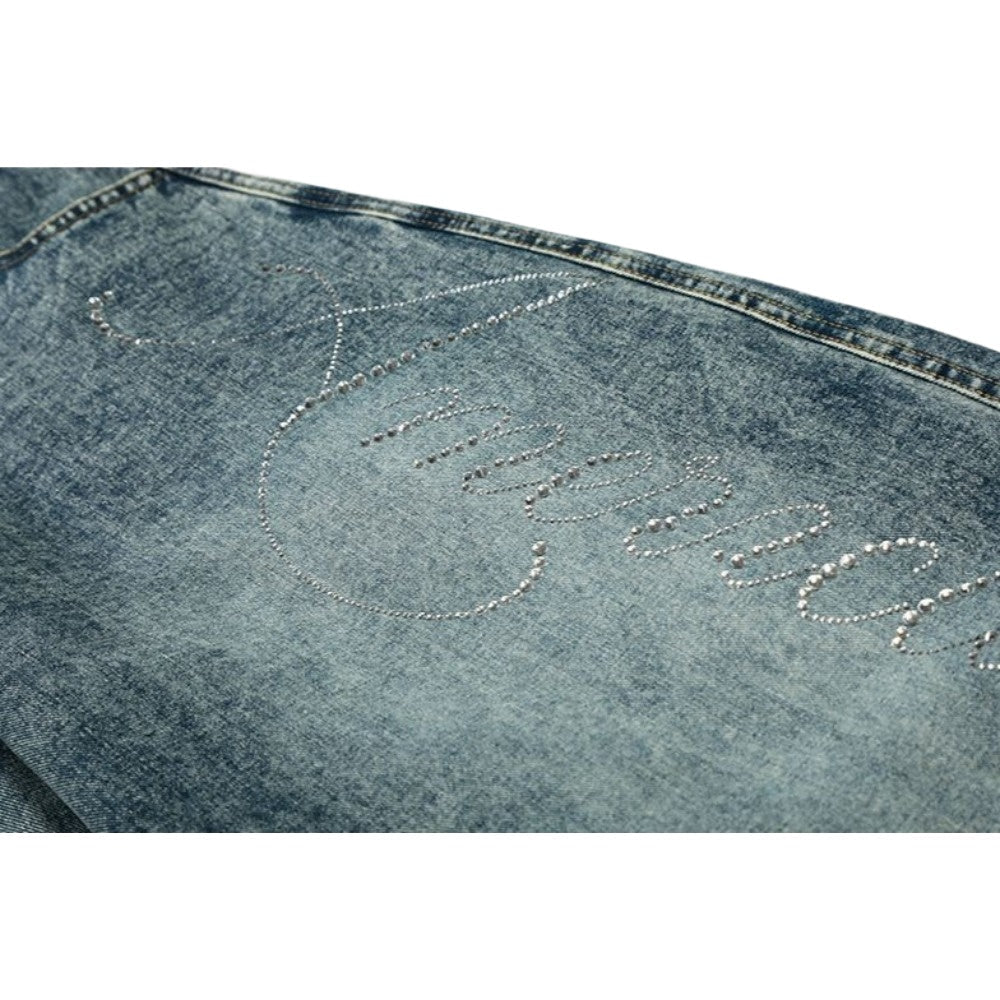 Rhinestone Script Baggy Jeans - APEX MADE