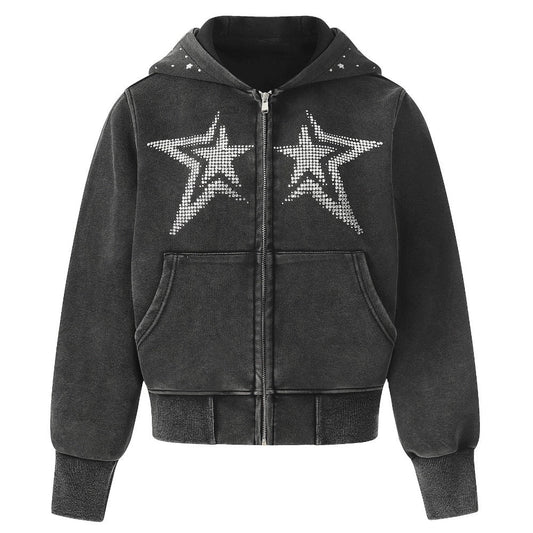 Acid Wash Rhinestone Star Zip Hoodie - APEX MADE