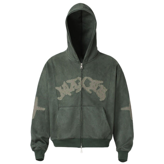 Artistic Logo Embroidered Suede Hoodie Jacket - Thrashink