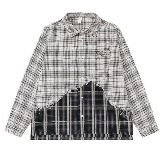 Beige & Black Patchwork Plaid Frayed Shirt - APEX MADE