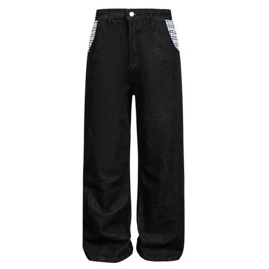 Black Plaid Pocket Denim Wide - Leg Pants - Thrashink