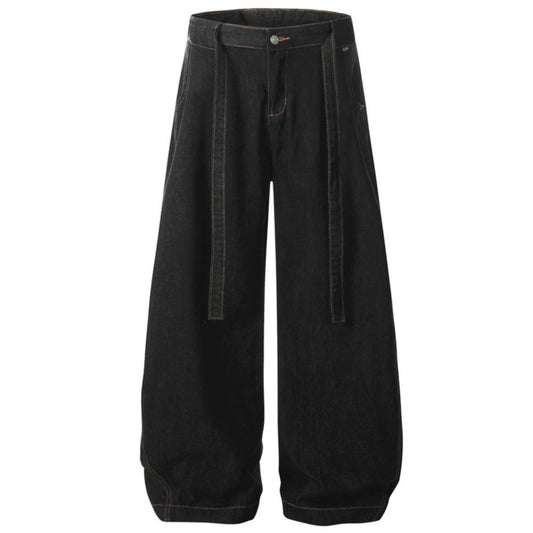 Black Ribbon Curved Wide - Leg Jeans - Thrashink