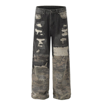 Camo Patch Sutures Distressed Jeans - APEX MADE