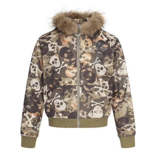 Camouflage Skull Print Fur Collar Hoodies - Thrashink