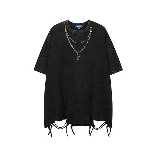 Cross Necklace Distressed Short Sleeve T-Shirt - APEX MADE