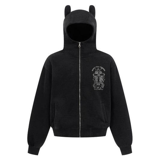 Cross Print Stand - up Ear Zip - up Hoodie - Thrashink