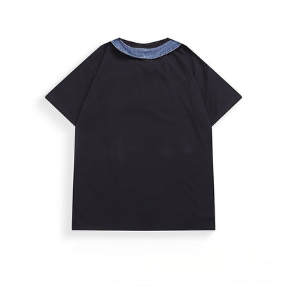 Denim Patchwork Collar T-Shirt - APEX MADE