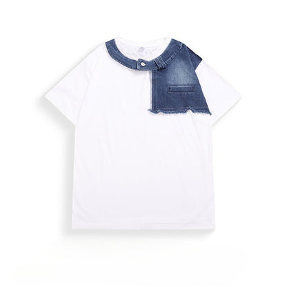 Denim Patchwork Collar T-Shirt - APEX MADE
