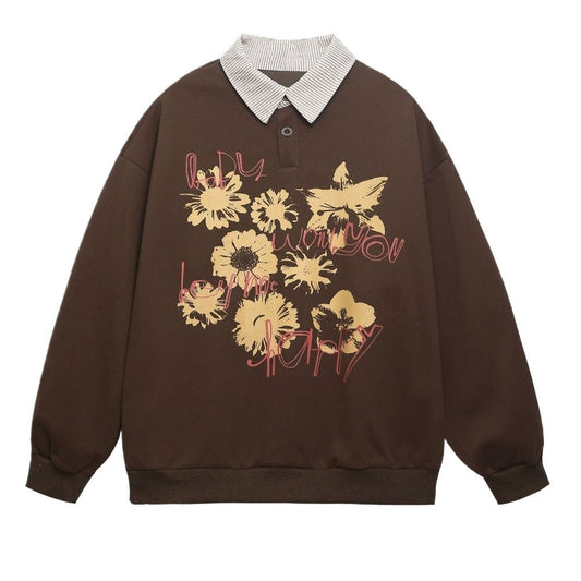Floral Script Polo Sweatshirt - Thrashink