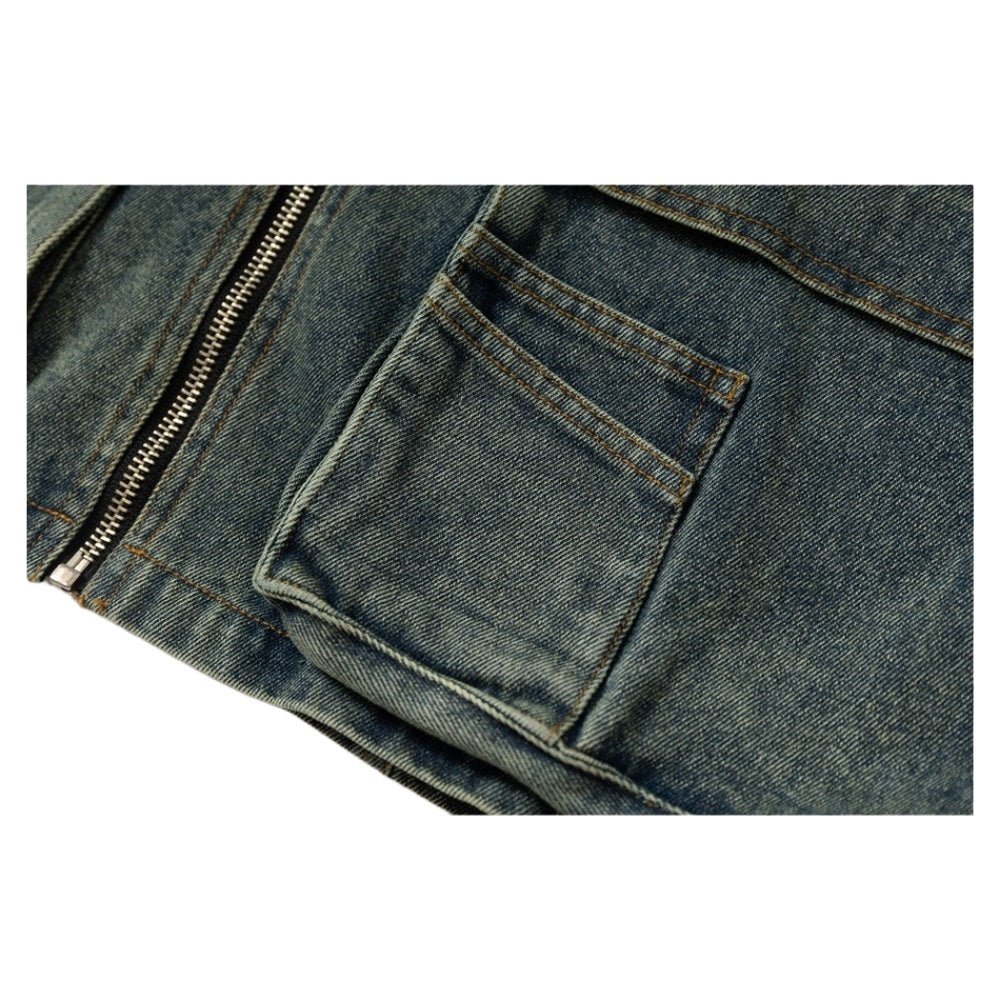 Multi - Pocket Denim Hooded Vest - Thrashink