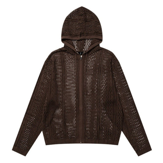 Openwork Knitted Zip - Up Hoodie - Thrashink