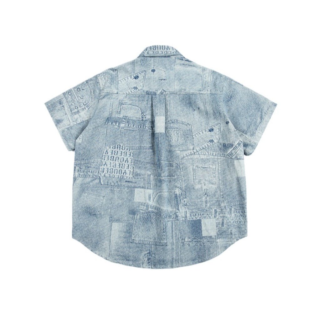 Patchwork Denim Short Sleeve Shirt - APEX MADE