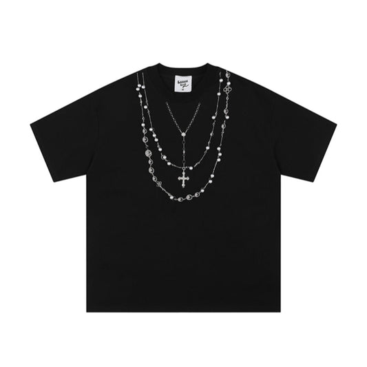 Pearl Cross Necklace Embroidery T-Shirt - APEX MADE