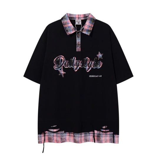 Plaid Lapel Star Fake Two Piece T-Shirt - APEX MADE