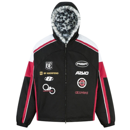 Racing Style Leopard Faux Fur Lined Hooded Jacket - Thrashink