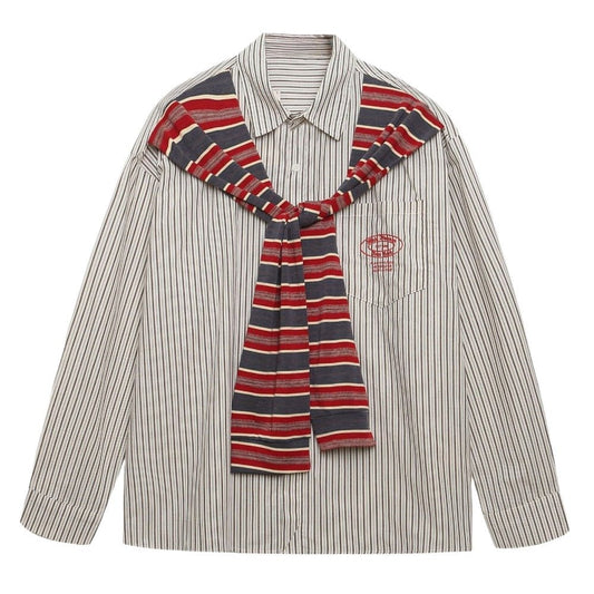 Retro Faux Two - piece Shawl - striped Shirt - Thrashink