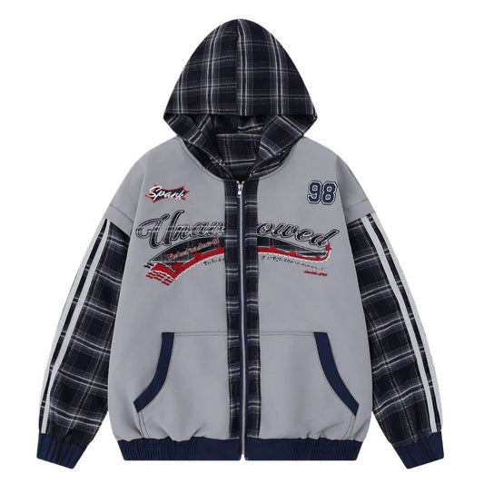 Retro Plaid Spliced Zip - Up Hoodie - Thrashink