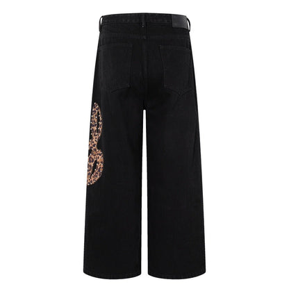 Rhinestone Leopard Music Note Print Jeans - Thrashink