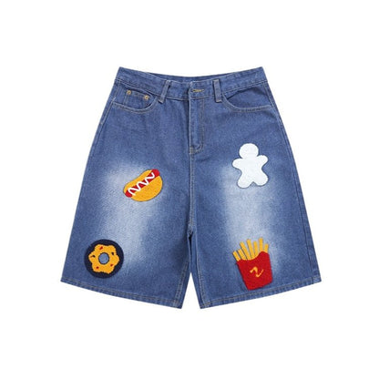Snacks Embroidery Bermuda Denim Shorts - APEX MADE
