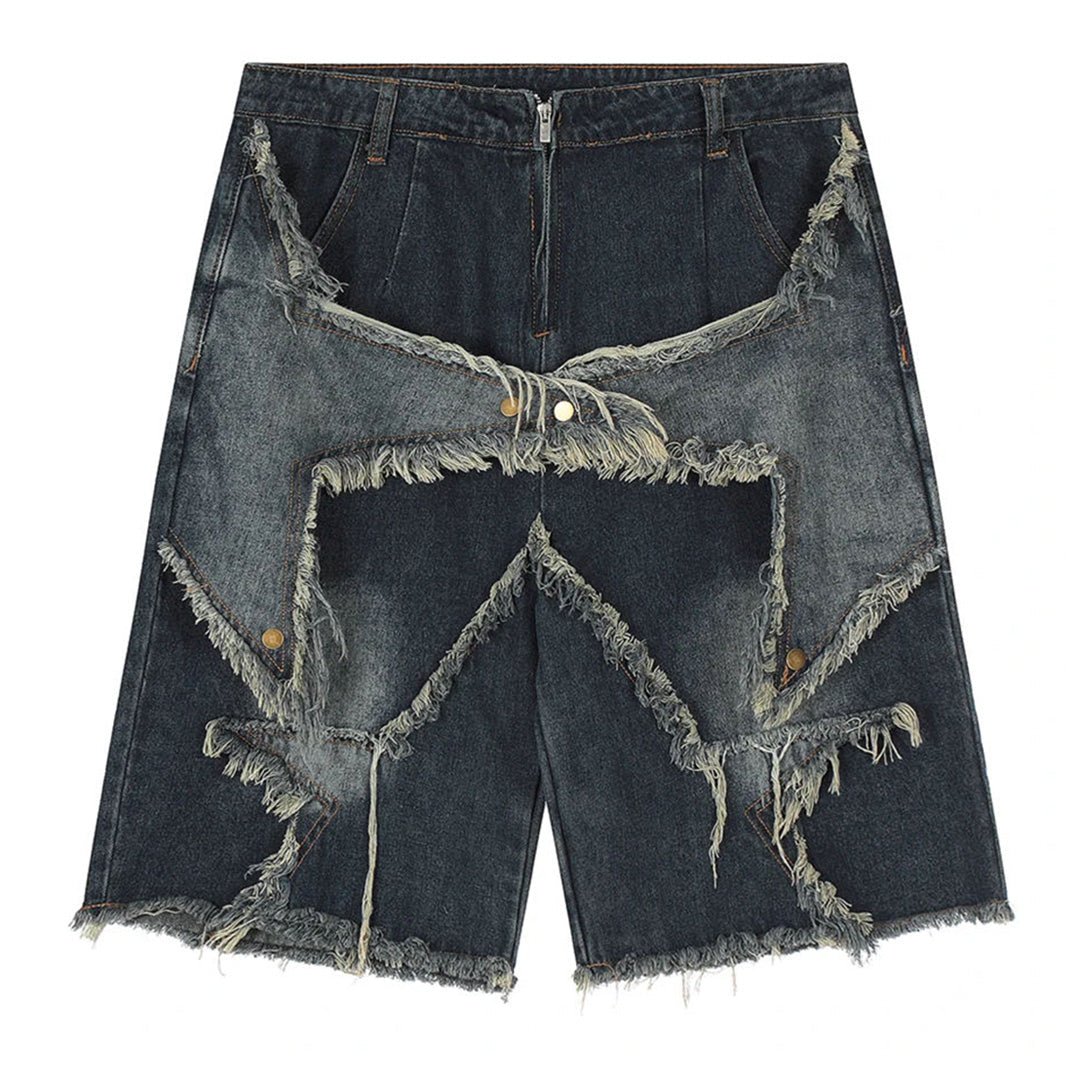 Star Frayed Patch Bermuda Denim Shorts - APEX MADE