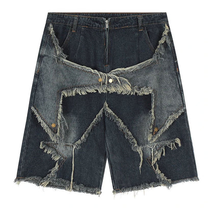 Star Frayed Patch Bermuda Denim Shorts - APEX MADE