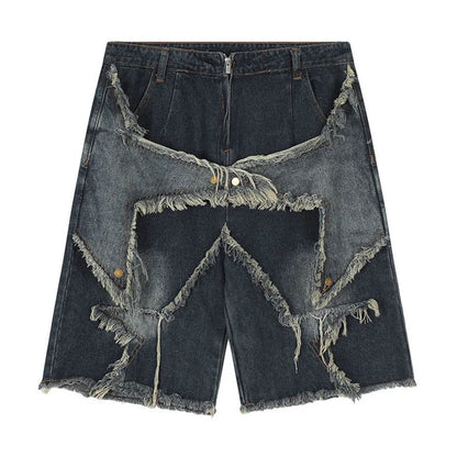 Star Frayed Patch Bermuda Denim Shorts - APEX MADE