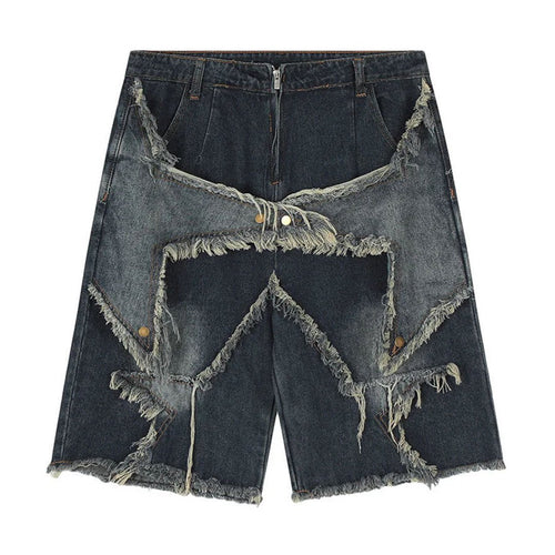 Star Frayed Patch Bermuda Denim Shorts - APEX MADE