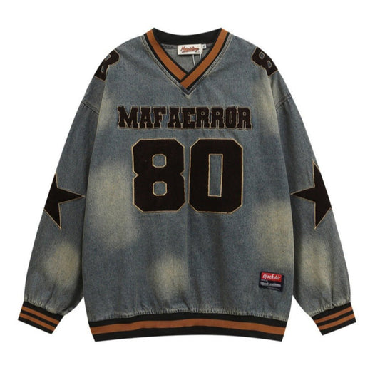 Star Letters Flock Printing Denim Hoodie - APEX MADE