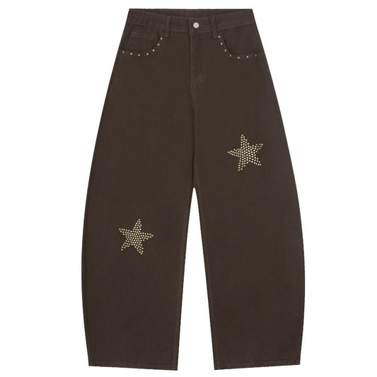 Star - studded Pocket Wide - leg Brown Jeans - Thrashink