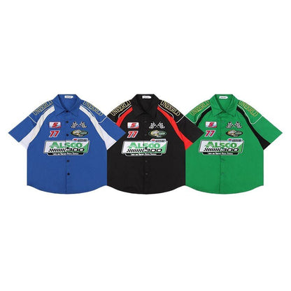 Street Colorblock Embroidered Short Sleeve Shirt - APEX MADE