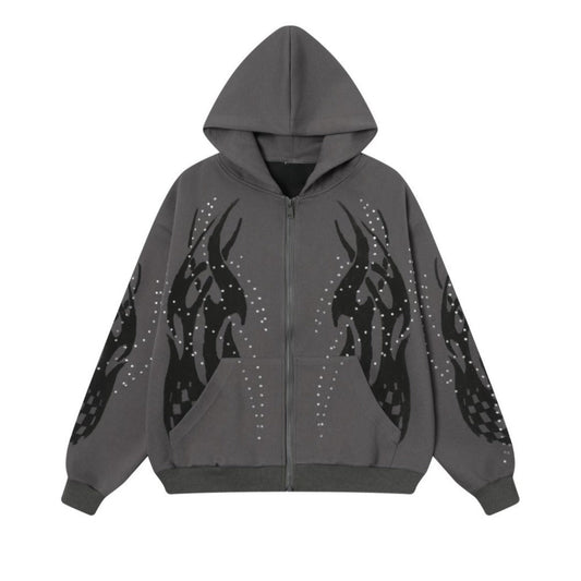 Totem Print Rhinestone Cardigan Hoodie - APEX MADE
