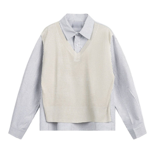 V - Neck Knit Vest Layered Striped Shirt - Thrashink