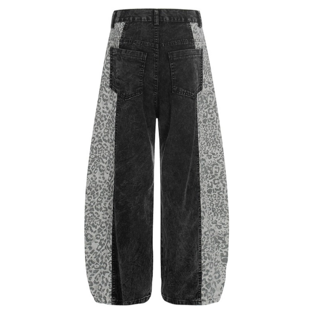 Washed Leopard Print Contrast Panel Jeans - APEX MADE