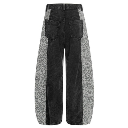 Washed Leopard Print Contrast Panel Jeans - APEX MADE