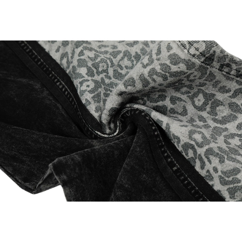 Washed Leopard Print Contrast Panel Jeans - APEX MADE