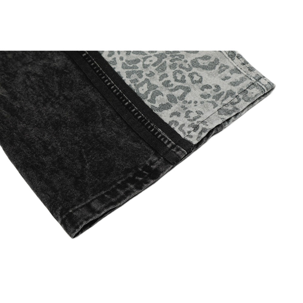 Washed Leopard Print Contrast Panel Jeans - APEX MADE