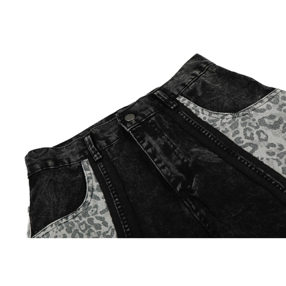 Washed Leopard Print Contrast Panel Jeans - APEX MADE