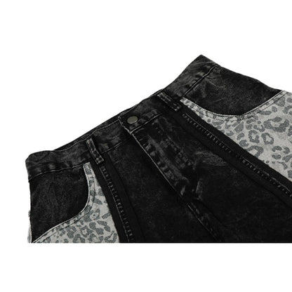 Washed Leopard Print Contrast Panel Jeans - APEX MADE
