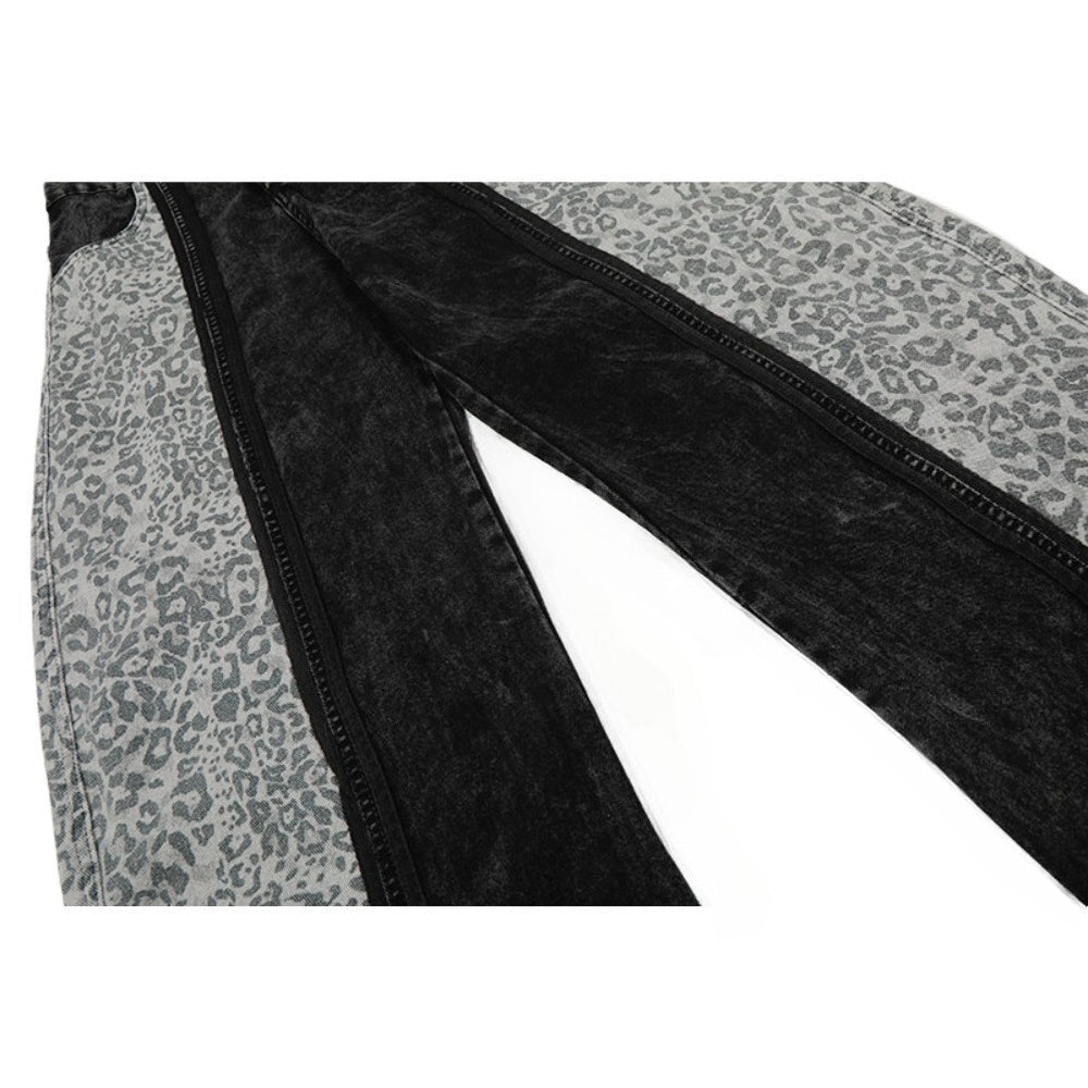 Washed Leopard Print Contrast Panel Jeans - APEX MADE