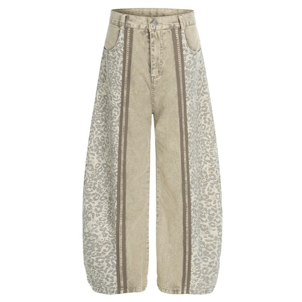 Washed Leopard Print Contrast Panel Jeans - APEX MADE