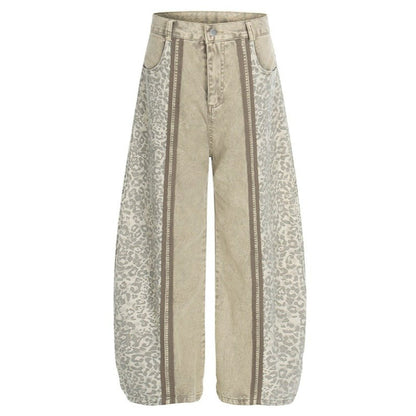 Washed Leopard Print Contrast Panel Jeans - APEX MADE