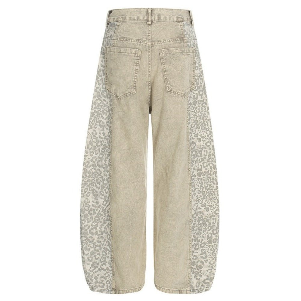 Washed Leopard Print Contrast Panel Jeans - APEX MADE