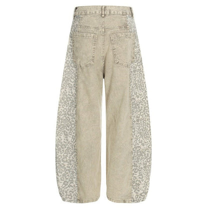 Washed Leopard Print Contrast Panel Jeans - APEX MADE