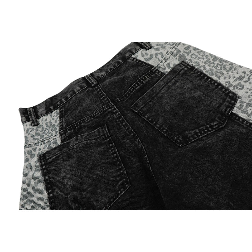 Washed Leopard Print Contrast Panel Jeans - APEX MADE