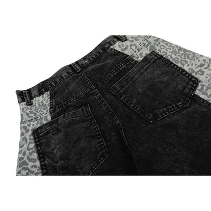 Washed Leopard Print Contrast Panel Jeans - APEX MADE