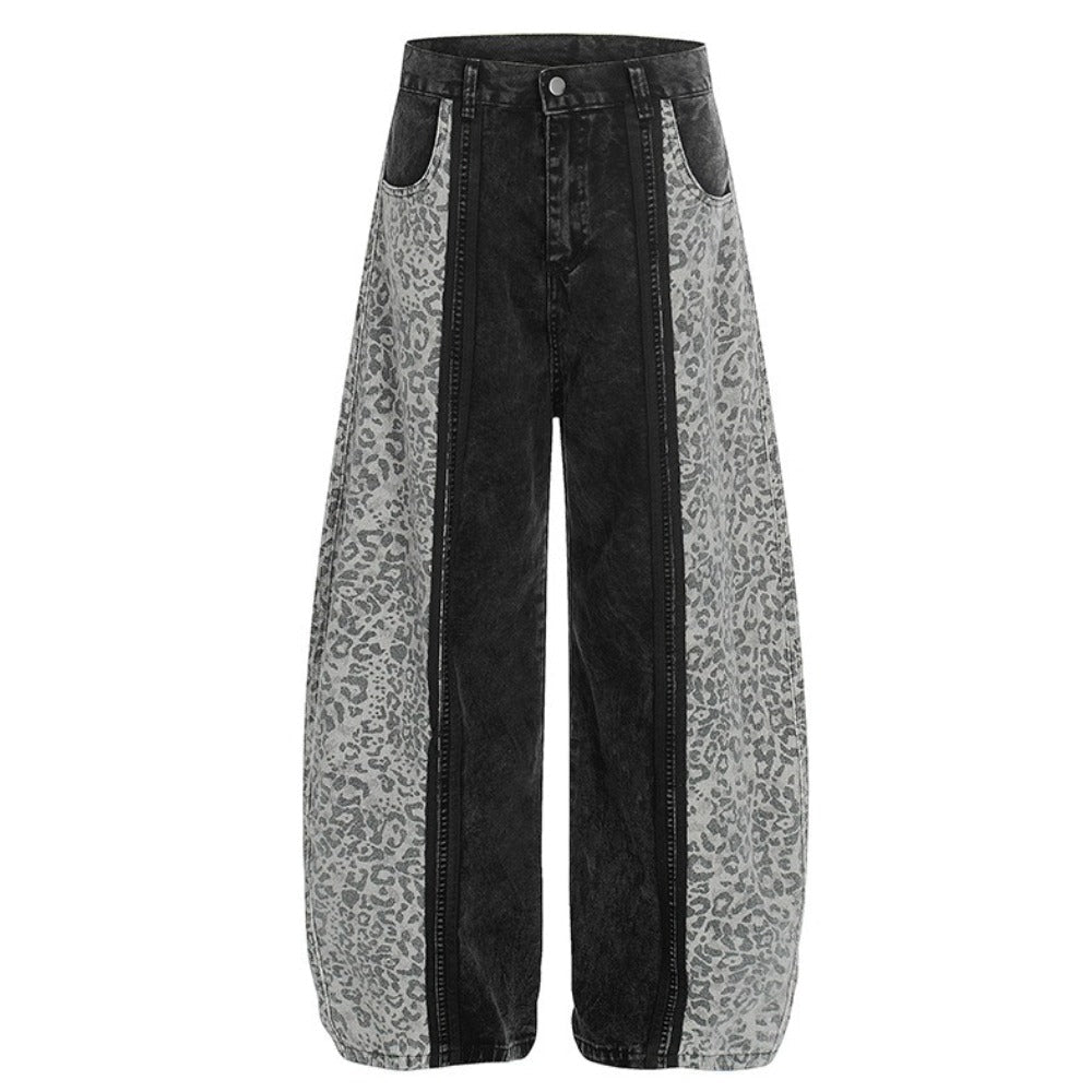 Washed Leopard Print Contrast Panel Jeans - APEX MADE