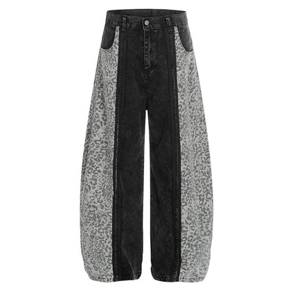 Washed Leopard Print Contrast Panel Jeans - APEX MADE
